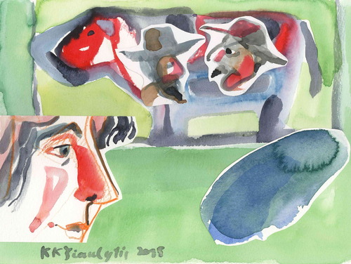 Cartoon: Cow cowboy and girl (medium) by Kestutis tagged lithuania,kestutis,art,kunst,western,watercolor,girl,cowboy,cow