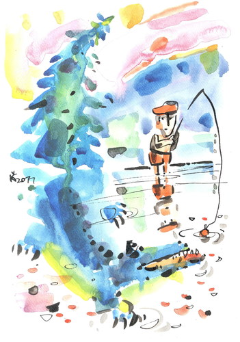 Cartoon: EVENING (medium) by Kestutis tagged lake,evening,happening,fear,angler,crocodile,reflection,wood,forest,abend,wald