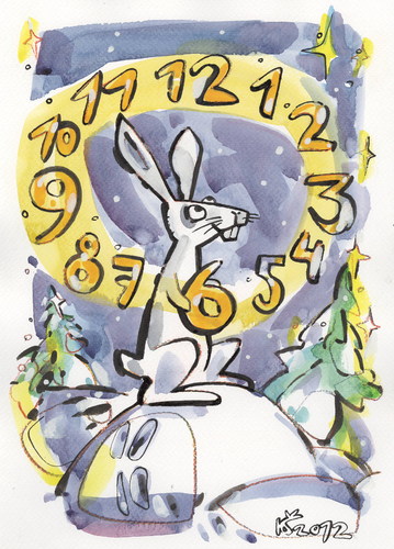 Cartoon: HARE - CLOCK (medium) by Kestutis tagged nature,hase,hours,winter,clock,animal,hare
