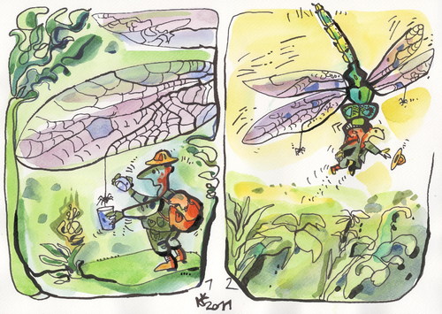Cartoon: JUNGLE (medium) by Kestutis tagged jungle,scientist,nature,accident,happening,libelle,dschungel,spider,dragonfly,adventure