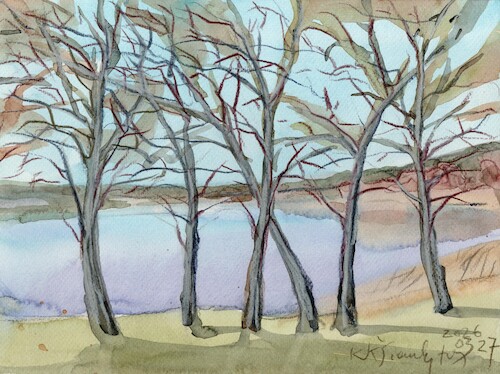 Cartoon: Lakeside trees in spring (medium) by Kestutis tagged watercolor,sketch,art,kunst,spring,kestutis,lithuania
