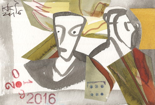 Cartoon: Man and Woman (medium) by Kestutis tagged dada,postcard,man,woman,paper,mosaic,kestutis,lithuania