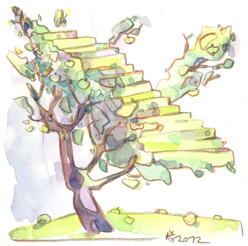 Cartoon: Montmartre apple tree (medium) by Kestutis tagged baum,treppe,stairs,lithuania,siaulytis,kestutis,tree,apple,montmartre