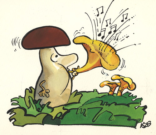 Cartoon: mushroom season opening (medium) by Kestutis tagged mushroom,season,opening,kestutis,siaulytis,sluota,lithuania,adventures,nature,music,forest,pilze,wald