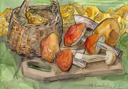 Cartoon: Mushrooms from the market (medium) by Kestutis tagged mushrooms,market,watercolor,kestutis,lithuania,art,kunst