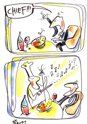 Cartoon: PIZZA AND MUSIC (medium) by Kestutis tagged pizza,music,cook,chief,string,scores,wine,restaurant,tavern