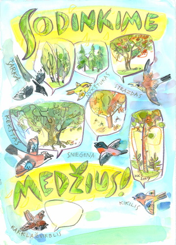 Cartoon: PLANT TREES! (medium) by Kestutis tagged watercolor,sketch,aquarell,kestutis,lithuania,ornithology,vogel,bird,poster,baum,tree