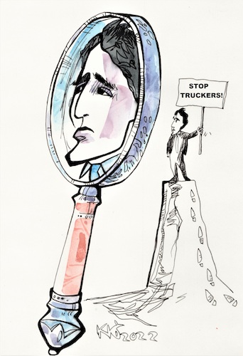 Cartoon: Prime Minister Trudeau protests (medium) by Kestutis tagged trudeau,canada,protest,freeedom,convoy,truckers,ottawa