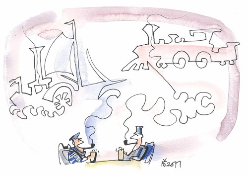 Cartoon: REMINISCENCES (medium) by Kestutis tagged reminiscences,friends,trains,ship,pipe,beer,bier