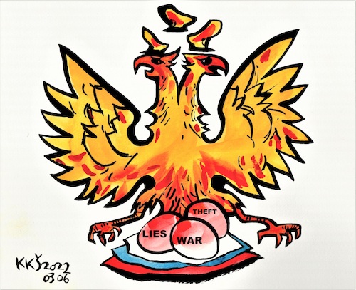 Cartoon: Russian eagle eggs (medium) by Kestutis tagged russia,putin,war,eagl,egg,ukraine,theft,lies,kestutis,lithuania