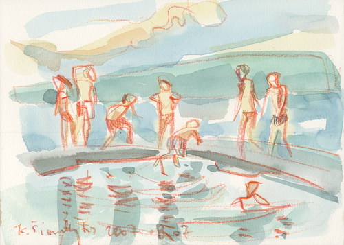 Cartoon: Summer at the Lake (medium) by Kestutis tagged lithuania,summer,lake,kestutis,swimming,sketch,watercolor