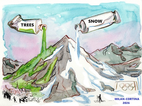 Cartoon: The Olympic Games begin (medium) by Kestutis tagged winter,art,kunst,color,painting,mountains,sports,olympic,games,snow,trees,milano,cortina,kestutis,lithuania