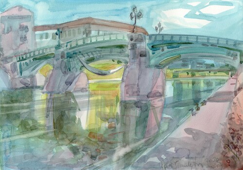 Cartoon: Vilnius in the summer 11 (medium) by Kestutis tagged bridge,river,summer,vilnius,kestutis,lithuania,watercolor