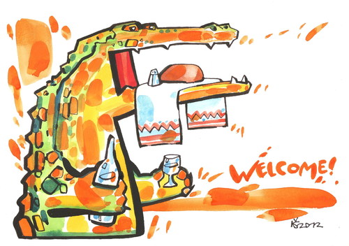 Cartoon: WELCOME! (medium) by Kestutis tagged welcome,food,beware,crocodile,brot,bread,salz,salt,alcohol