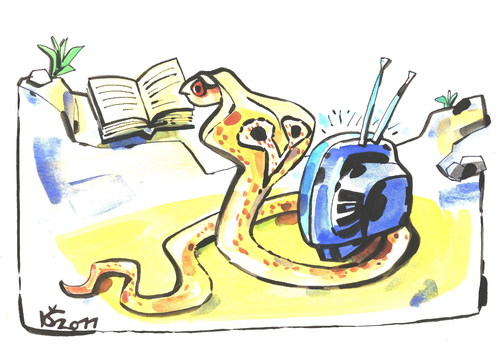 Cartoon: WISDOM (medium) by Kestutis tagged brillenschlange,cobra,snake,wisdom,tv,television,books,sapience