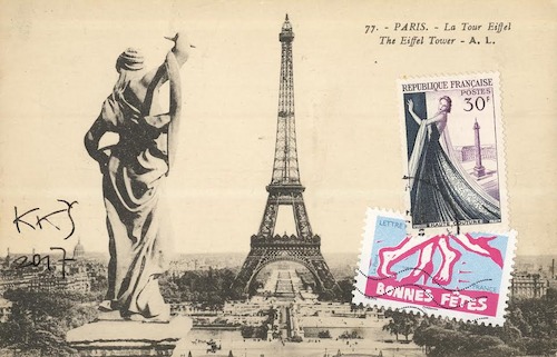 Cartoon: A Walk in Paris (medium) by Kestutis tagged walk,paris,france,dada,postcard,comic,postage,stamps,kestutis,lithuania,eiffel,tower