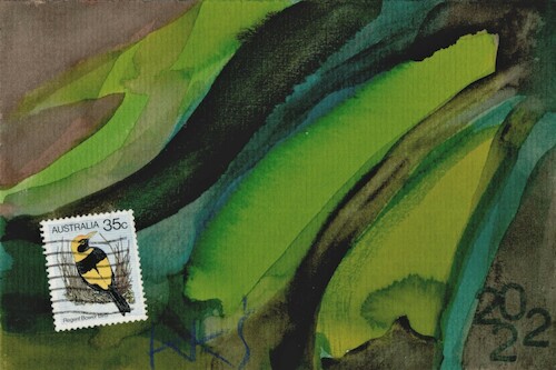 Cartoon: Bird is a mysterious work of art (medium) by Kestutis tagged bird,mysterious,work,art,dada,postcard,kestutis,lithuania,philately