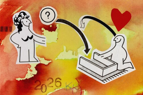 Cartoon: INVITATION (medium) by Kestutis tagged furniture,dada,postcard,collage,comic,art,kunst,man,woman,kestutis,lithuania,building,adventures,ikea