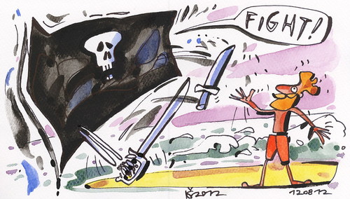 Cartoon: OLYMPIC ISLAND. Fencing (medium) by Kestutis tagged sword,skull,flag,fight,anchor,lithuania,siaulytis,kestutis,hope,fortius,citius,altius,sport,desert,summer,2012,london,island,olympic,pirate,strip,comic,comics,fencing,smoke