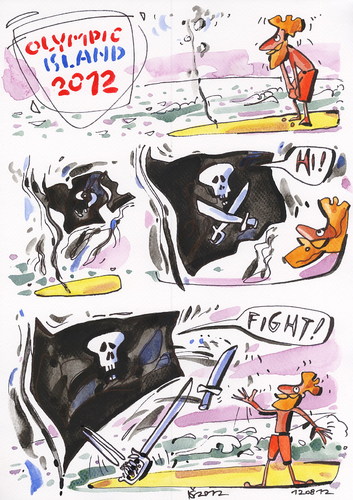 Cartoon: OLYMPIC ISLAND. Fencing (medium) by Kestutis tagged sword,skull,flag,fight,anchor,lithuania,siaulytis,kestutis,hope,fortius,citius,altius,sport,desert,summer,2012,london,island,olympic,pirate,strip,comic,comics,fencing,smoke