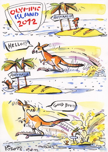 Cartoon: OLYMPIC ISLAND. Long jump (medium) by Kestutis tagged kangaroo,palm,ocean,lithuania,siaulytis,kestutis,sport,summer,2012,london,island,olympic,desert,goodbye,hello,athletics,jump,long,comic,comics,strip,australia