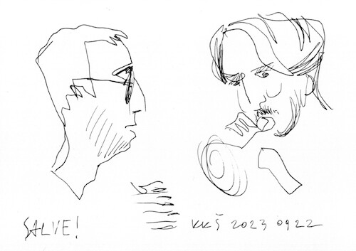 Cartoon: Violinist and jazz musicians (medium) by Kestutis tagged sketch,violin,music,jazz,kestutis,lithuania