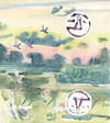 Cartoon: Terns and the moon over the pond (small) by Kestutis tagged dada,watercolor,moon,kestutis,lithuania