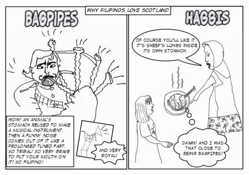 Cartoon: Bagpipes and Haggis! (medium) by mestizalandlady tagged scotland,filipinos,bagpipes,haggis,childhood,holidays,animals,comic,girl