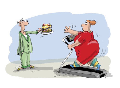 Cartoon: Fitness slimming (medium) by krutikof tagged husband,wife,trainer,lose,weight,jogging,treadmill,completeness,full,cake,shape,fitness,sports,bait,house,family,man,woman,relationship