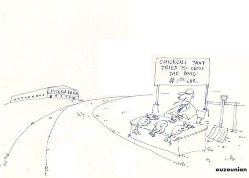 Cartoon: chickens and stuff (medium) by ouzounian tagged road,chickens,sale