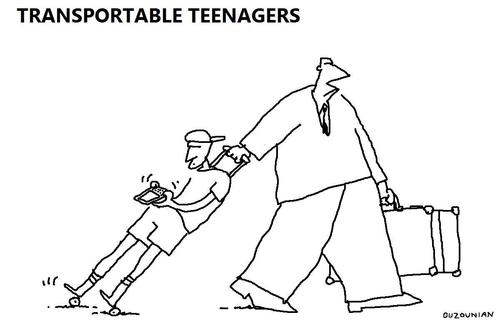 Cartoon: teenagers and stuff (medium) by ouzounian tagged teenagers,phones,luggage,travelling