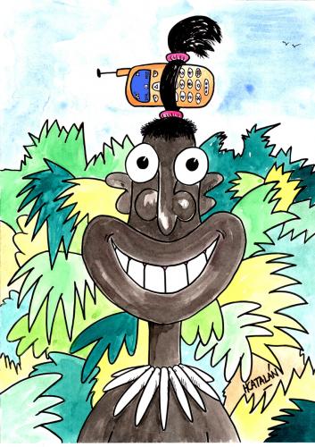 Cartoon: EL INNOVADOR (medium) by HCATALAN tagged celular,tecnologia,comunicaciones,africa,negro,selva