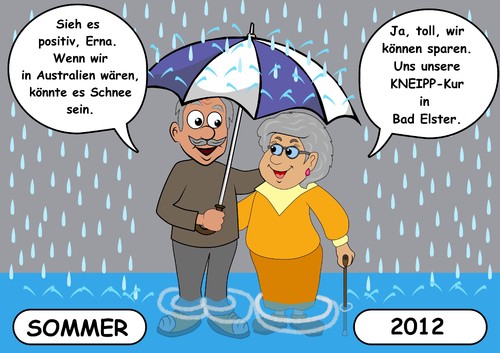 Cartoon: Regen im Sommer (medium) by RiwiToons tagged regen,regenwetter,sommer,2012,unwetter,hochwasser,niederschlag,gewitter,gewitterguss,regenschirm,kneipp,kur,therapie,kurbad,sparen,schnee