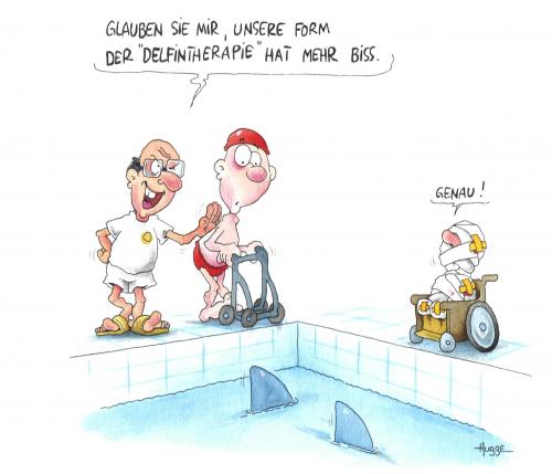 Cartoon: delfintherapie (medium) by ms rainer tagged therapie,behinderung,swimmingpool,delfin,hai