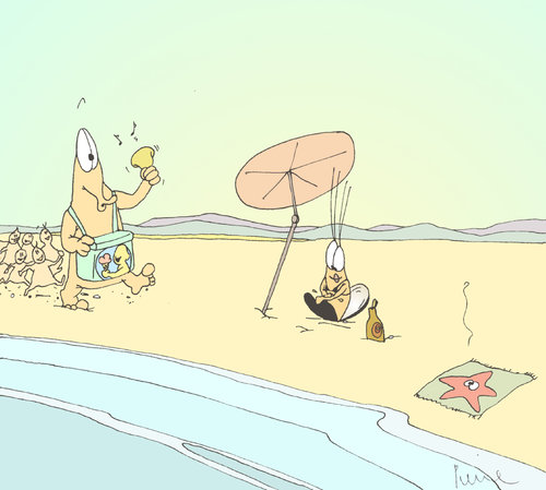 Cartoon: süßes Muschelleben (medium) by Pierre tagged urlaub,ferien,eismann,eis,sonne,sommer,strand,ameisenbär,miesmuschel