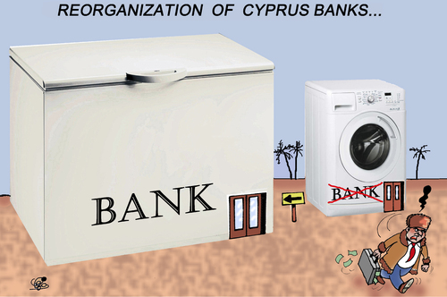 Cartoon: REORGANIZATION OF CYPRUS BANKS.. (medium) by Vejo tagged laundery,money,banks,cyprus