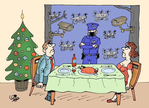 Cartoon: Christmas celebration in Belgium (medium) by Vejo tagged christmas,corona,rules,controls,police,drones,belgium