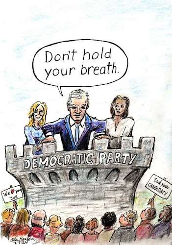 Cartoon: Dont hold your breath. (medium) by Alan tagged biden,candidacy,breath,democrats,withdrawall,harris