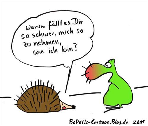 Cartoon: Naturspitzen (medium) by BoDoW tagged stich,beziehung,nähe,ökologie,nase,stachel,igel,natur
