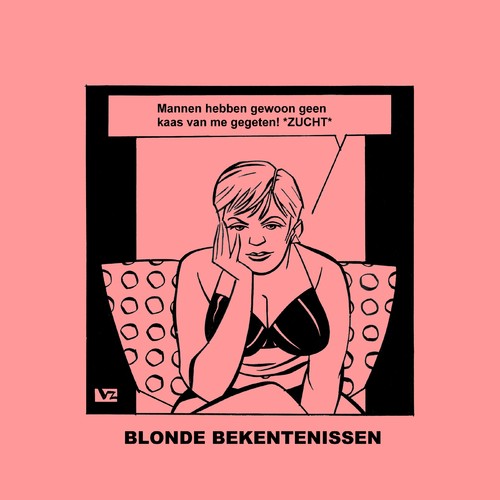 Cartoon: Blonde Bekentenissen -  Mannen! (medium) by Age Morris tagged tags,agemorris,victorzilverberg,atoomstijl,blondebekentenissen,overlevenenliefde,cartoons,domblondje,lekkerding,borsten,mannen,kaas,zucht,cartoon