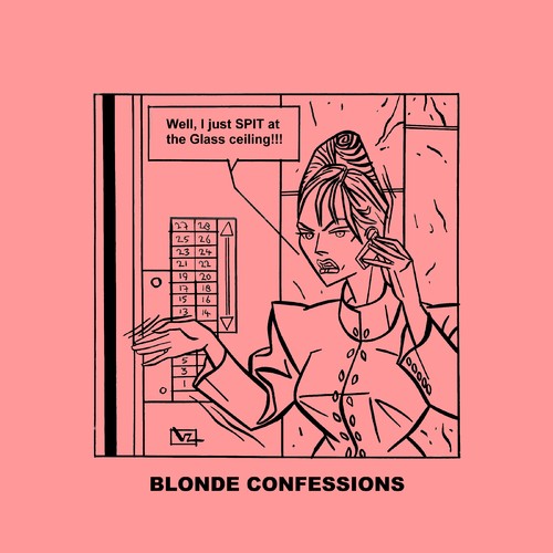 Cartoon: Blonde Confessions - Ceiling (medium) by Age Morris tagged blondebabe,elevator,glassceiling,agemorris,victorzilverberg,aboutloveandlife,blondeconfessions,blondebekentenissen,tags,dumbblonde,career