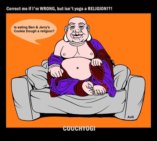 Cartoon: CouchYogi Cookie Dough (medium) by MoArt Rotterdam tagged couchyogi,couchtalk,guru,gurutalk,spiritualadvice,yoga,religion,icecream,cookiedough,wrong