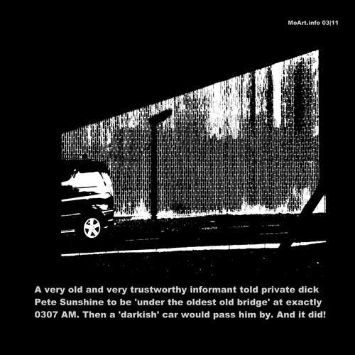 Cartoon: MH - A darkish car... (medium) by MoArt Rotterdam tagged tags,rotterdam,moart,moartcards,petesunshine,privatedick,privateeye,informant,old,bridge,trust,darkish,car,exactly