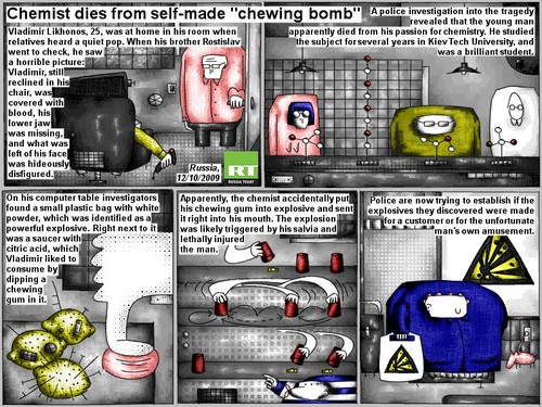 Cartoon: chewing bomb (medium) by bob schroeder tagged chemist,blood,bomb,chemistry,tragedy,student,explosive,gum,police