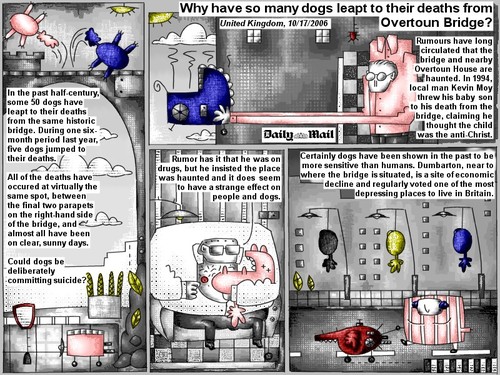 Cartoon: dogs leapt to their deaths (medium) by bob schroeder tagged economic,sensitive,depression,decline,antichrist,child,haunt,human,people,drug,man,death,dog,suicide,bridge