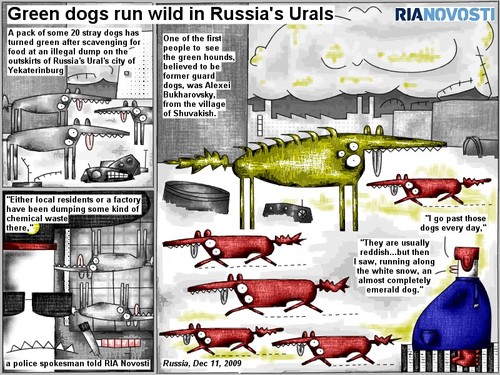 Cartoon: Green dogs run wild (medium) by bob schroeder tagged comic,webcomic,pack,dog,green,food,illegal,dump,outskirts,yekaterinburg,local,resident,factory,chemical,waste,police,spokesman,people,hound,guard,village,snow,emerald