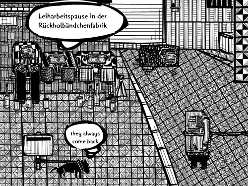 Cartoon: maennchen (medium) by bob schroeder tagged leiharbeit,zeitarbeit,arbeit,fabrik,karikatur,pause