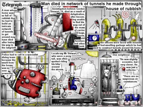 Cartoon: Man died in network of tunnels (medium) by bob schroeder tagged comic,webcomic,tunnels,rubbish,labyrinth,dehydration,junk,garbage,collector