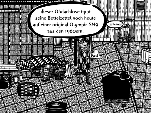 Cartoon: retro (medium) by bob schroeder tagged obdachlos,retro,lebensart,stil,qualitaet