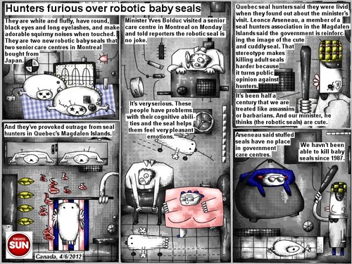 Cartoon: robotic baby seals (medium) by bob schroeder tagged robot,seal,baby,cute,hunter,senior,care,reporter,help,emotion,government,killing,public,opinion